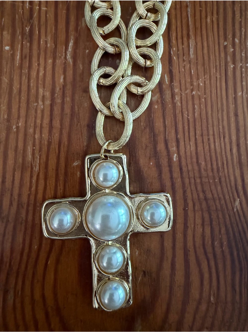 Gold-Tone Cross Pendant Necklace with Faux Pearl Accents - White Pearls